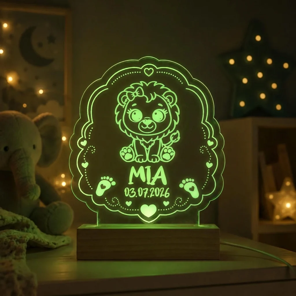 Personalisiertes LED-Nachtlicht für Kinder aus graviertem Acryl mit Löwen-Motiv, Name und Geburtsdatum, blau leuchtend im Kinderzimmer – Bild 7 von 8