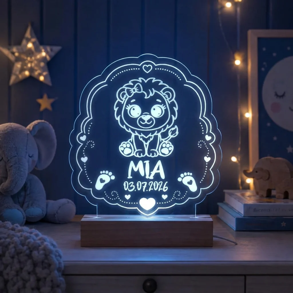 Personalisiertes LED-Nachtlicht für Kinder aus graviertem Acryl mit Löwen-Motiv, Name und Geburtsdatum, blau leuchtend im Kinderzimmer – Bild 8 von 8