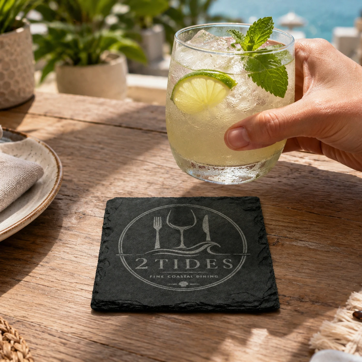 Schiefer Untersetzer mit lasergraviertem Firmenlogo auf einem Gastronomietisch neben einem Glas – Bild 3 von 8
