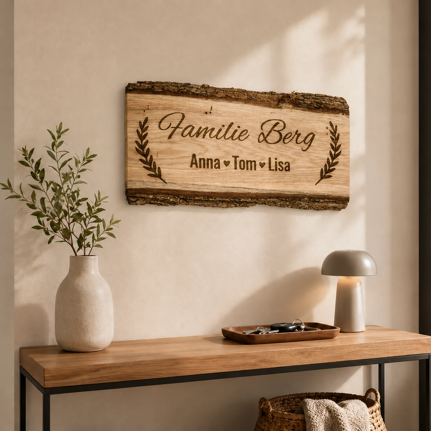 Türschild aus massiver Eiche mit Rinde und graviertem Kranz, Familienname und Vornamen der Familie — Ansicht 1 von 4