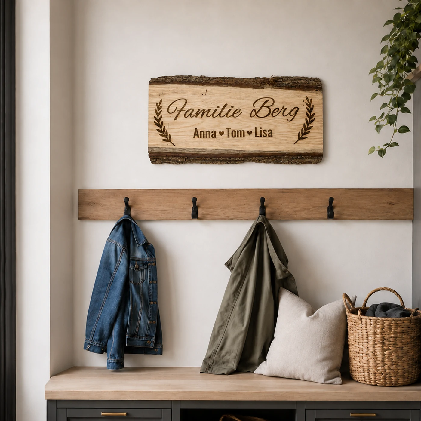 Türschild aus massiver Eiche mit Rinde und graviertem Kranz, Familienname und Vornamen der Familie – Bild 2 von 4