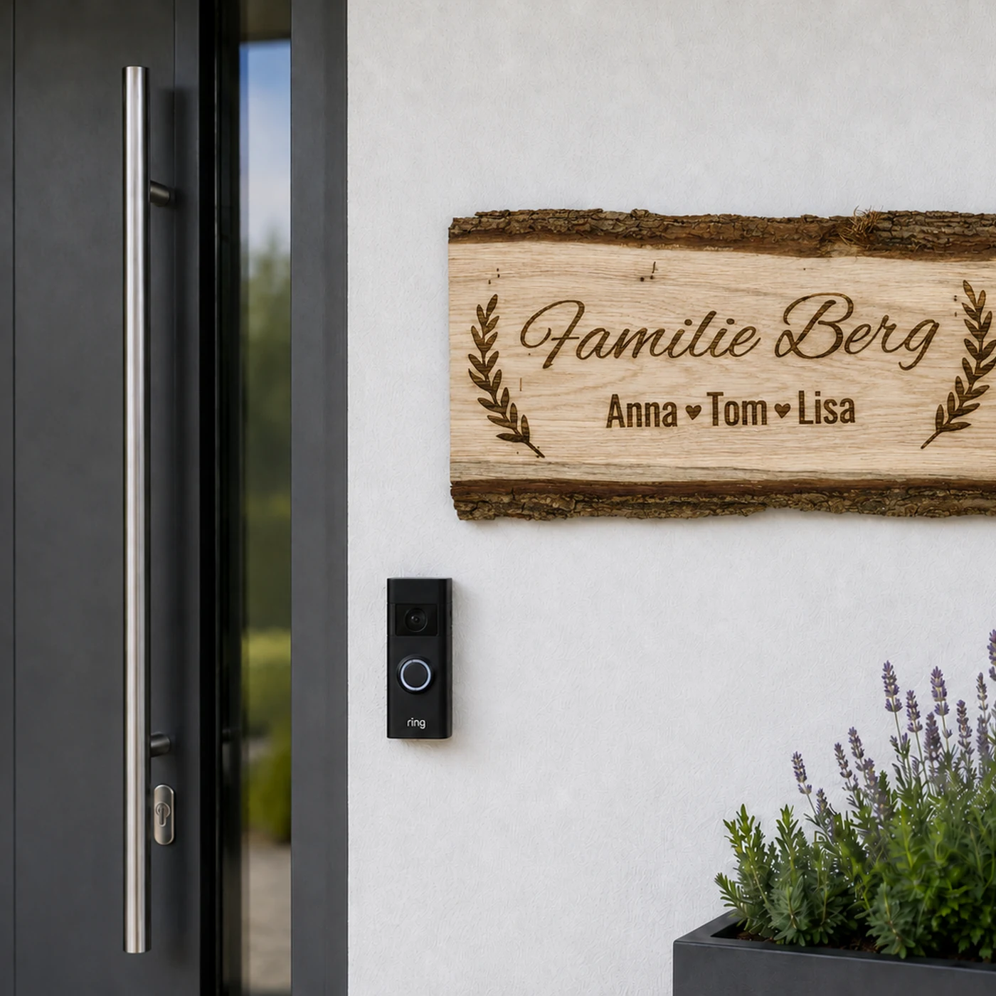 Türschild aus massiver Eiche mit Rinde und graviertem Kranz, Familienname und Vornamen der Familie – Bild 3 von 4