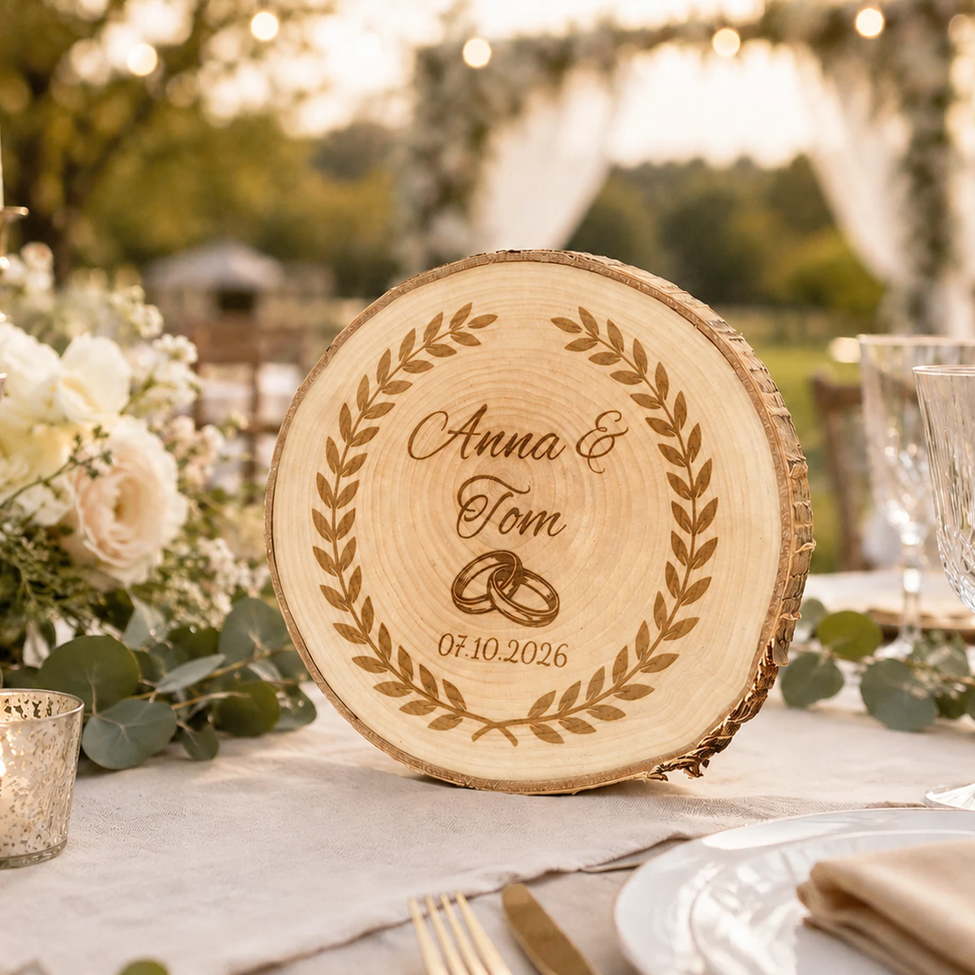 Willkommensschild zur Hochzeit auf einer Birkenscheibe mit Rinde, graviert mit den Namen des Brautpaars, dem Datum und einem Kranz mit Ringen — Ansicht 1 von 4