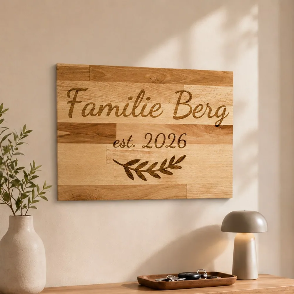 Namensschild aus Buchenholz mit Familiennamen in Schreibschrift graviert, im Eingangsbereich hängend
