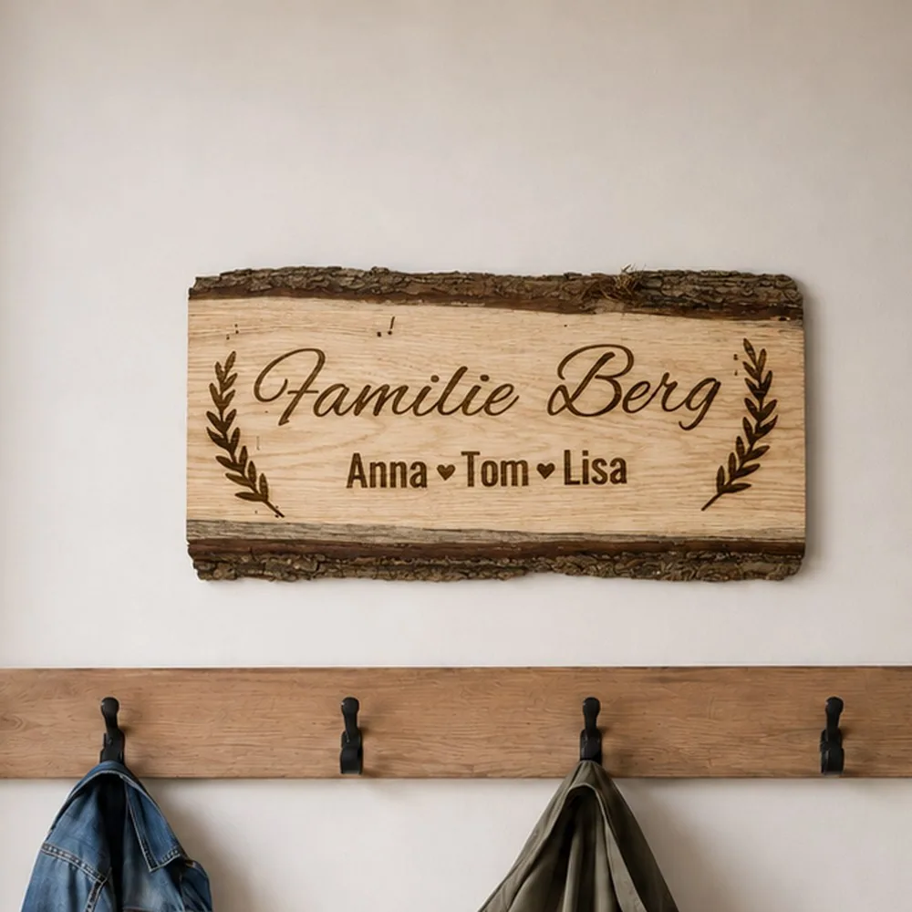 Türschild aus massiver Eiche mit Rinde und graviertem Kranz, Familienname und Vornamen der Familie