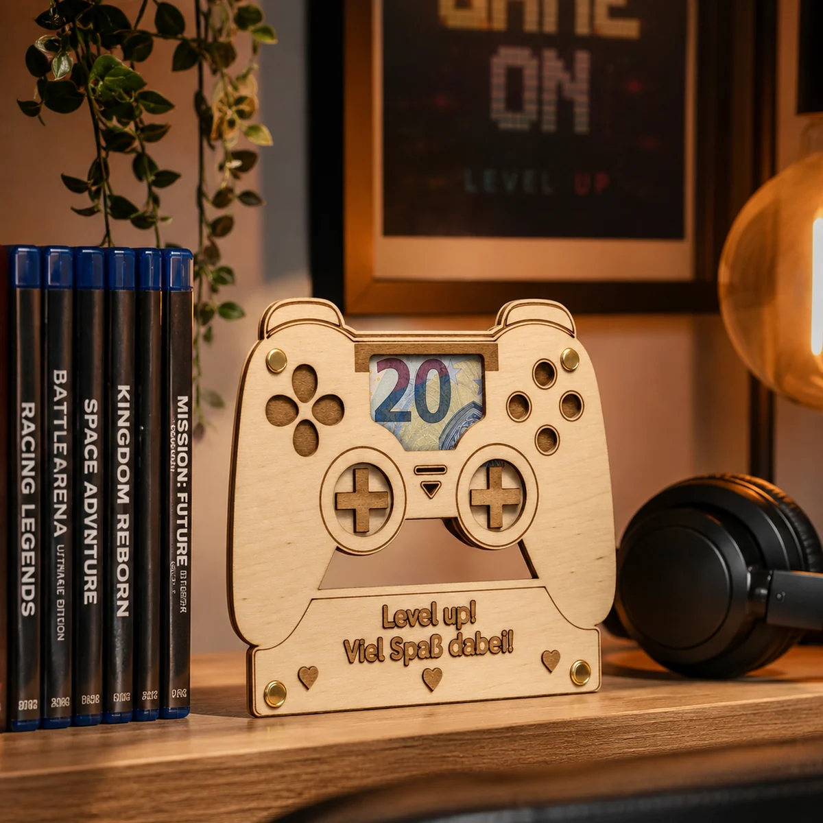 Geldgeschenk-Karte aus Holz in Form eines Gaming-Controllers, ein Geldschein liegt sichtbar hinter dem Displayfenster, darunter die Gravur „Level Up Danny!“