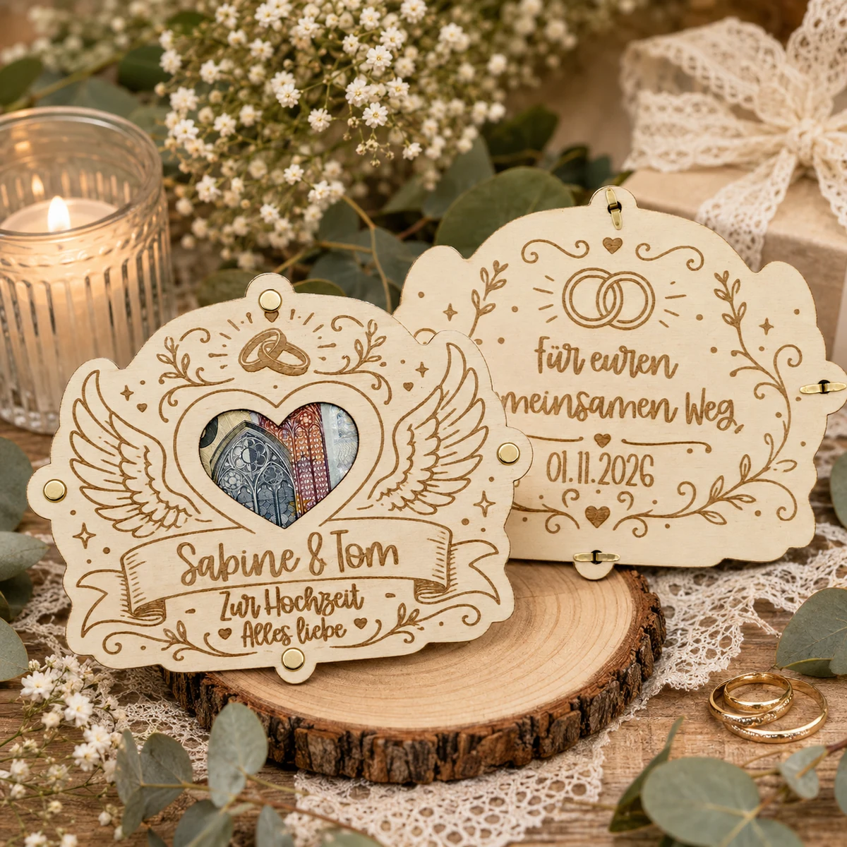 Geldgeschenk-Karte aus Holz mit zwei Flügeln, ein Geldschein liegt sichtbar dazwischen, darunter die Gravur mit den Namen des Brautpaars und dem Hochzeitsdatum