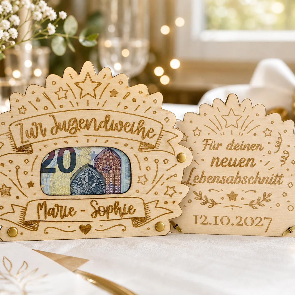 Geldgeschenk-Karte aus Holz zur Jugendweihe, ein Geldschein liegt sichtbar hinter dem Ausschnitt, darunter die Gravur mit Name und Datum