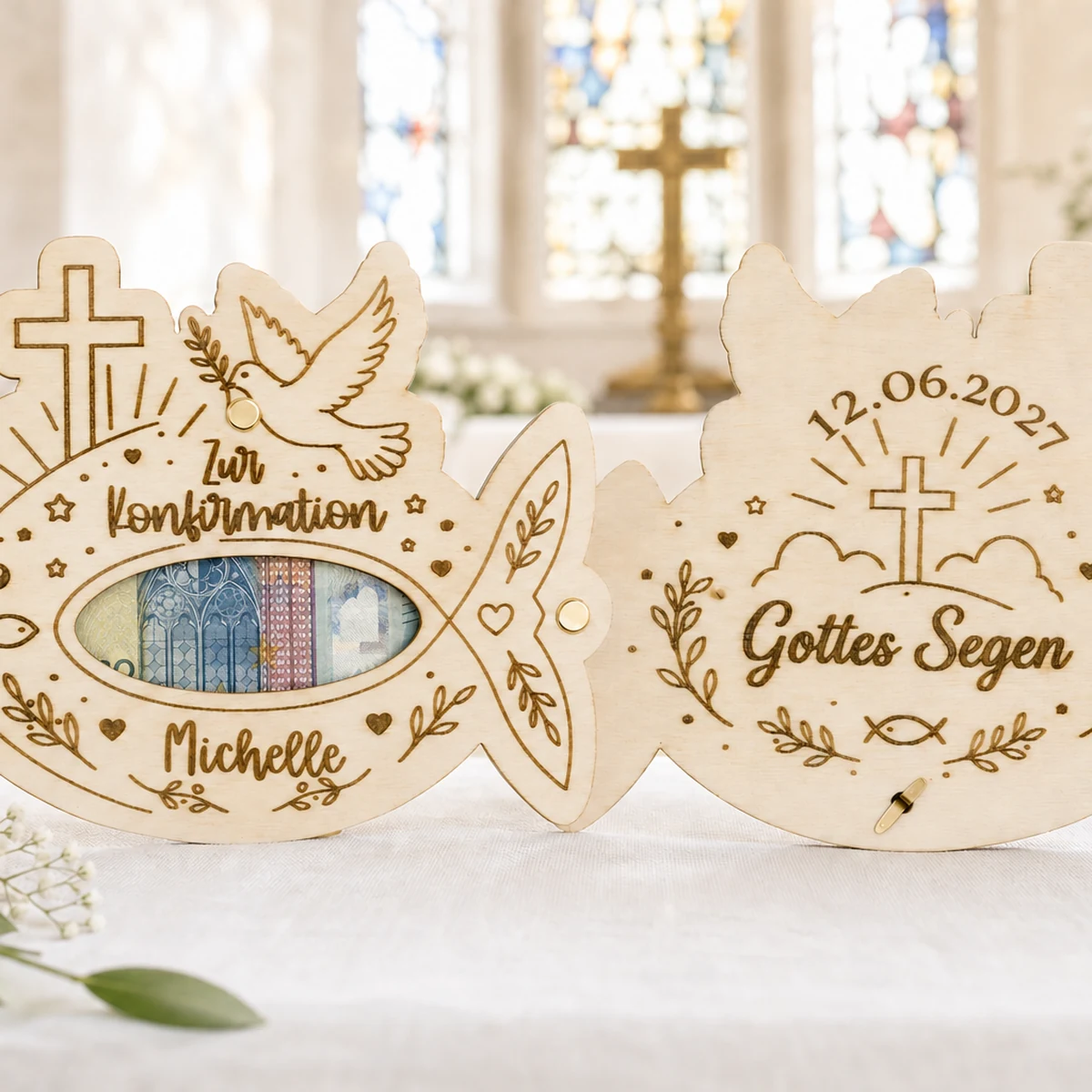 Geldgeschenk zur Konfirmation aus Holz mit graviertem Namen, Datum, Kreuz, Taube und Fisch, Geldschein sichtbar im Fenster