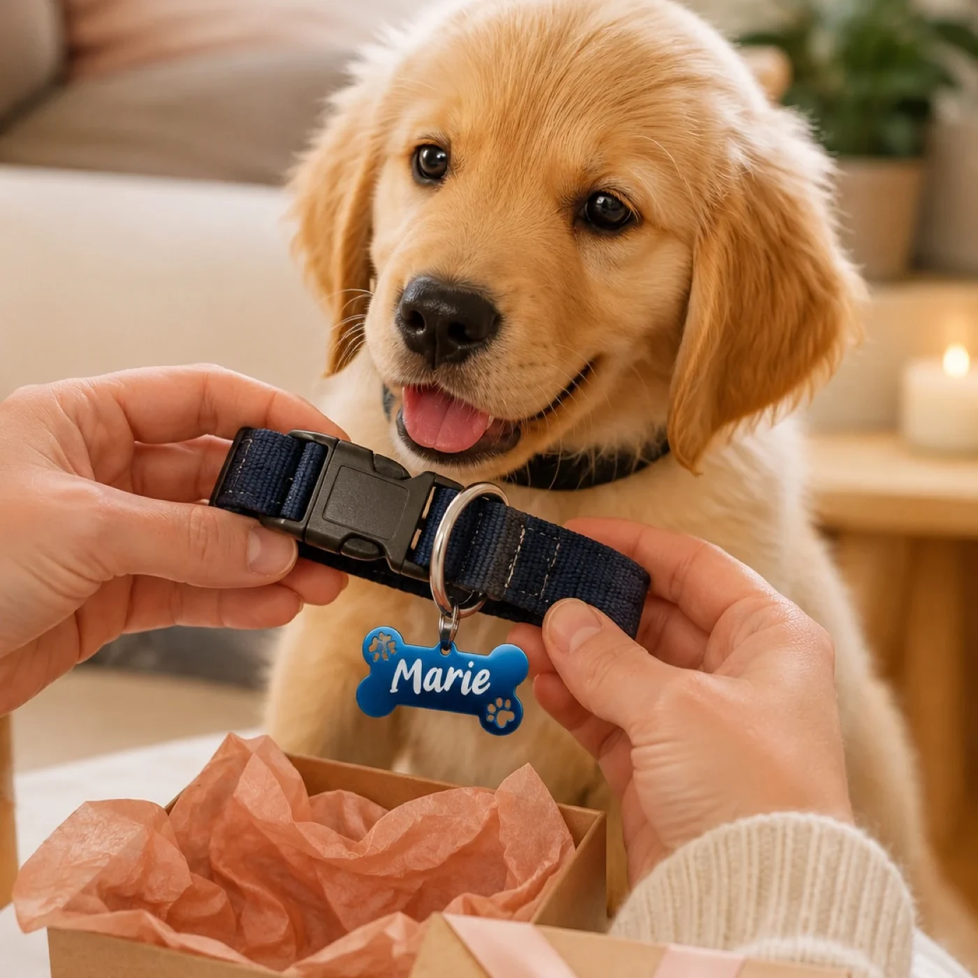 Blau Hundemarke in Knochenform, graviert mit dem Namen des Hundes auf der Vorderseite
