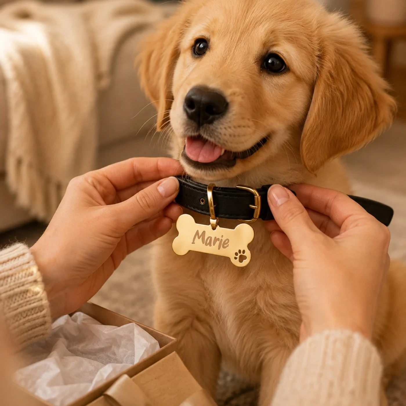 Gold Hundemarke in Knochenform, graviert mit dem Namen des Hundes auf der Vorderseite