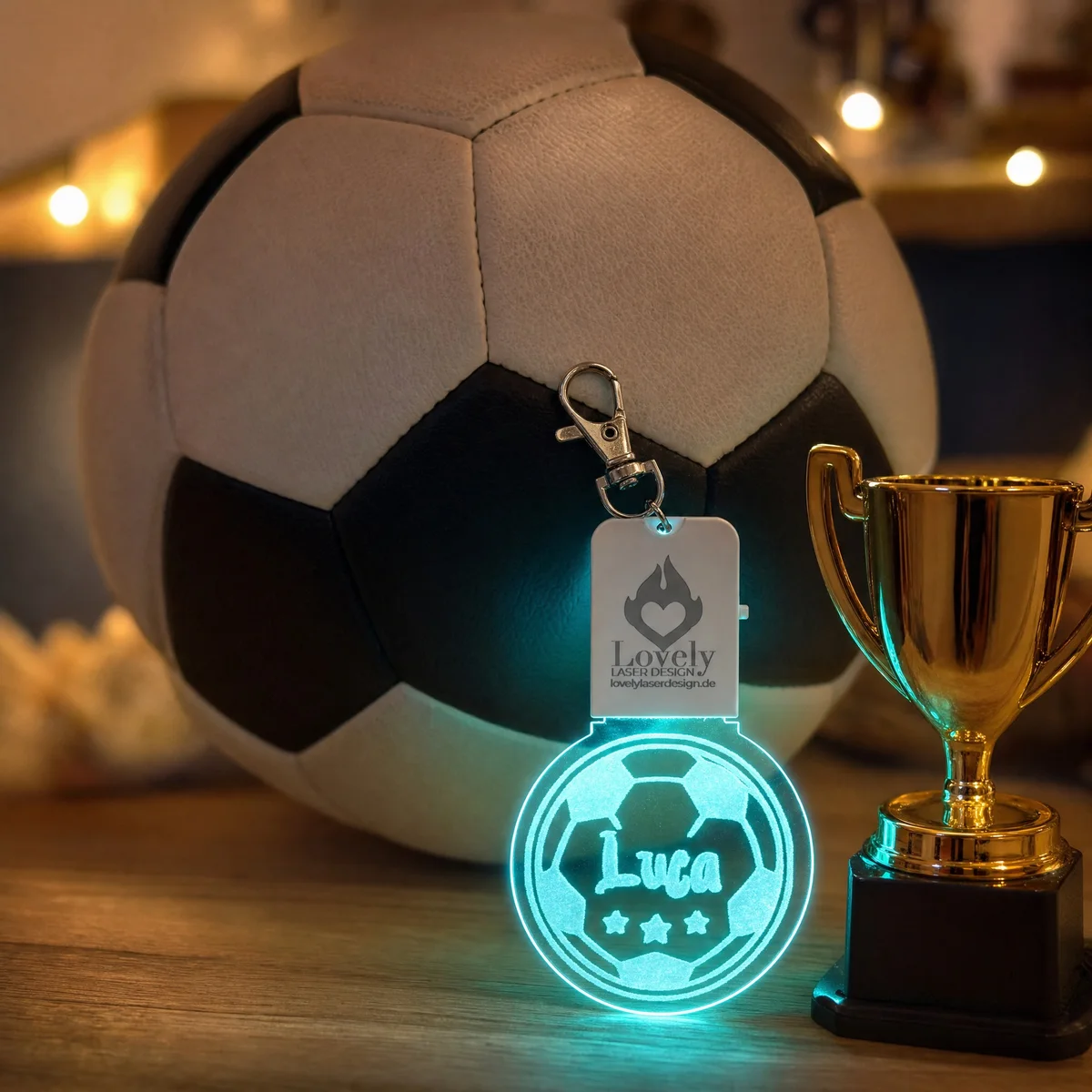 LED-Schlüsselanhänger Fußball aus graviertem Acrylglas mit Namen, leuchtend, mit weißem Leuchtmodul und Karabiner