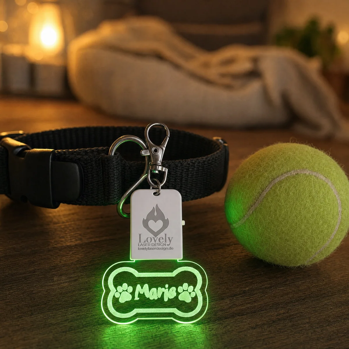 LED-Schlüsselanhänger Knochen aus graviertem Acrylglas mit Hundenamen, leuchtend, mit weißem Leuchtmodul und Karabiner