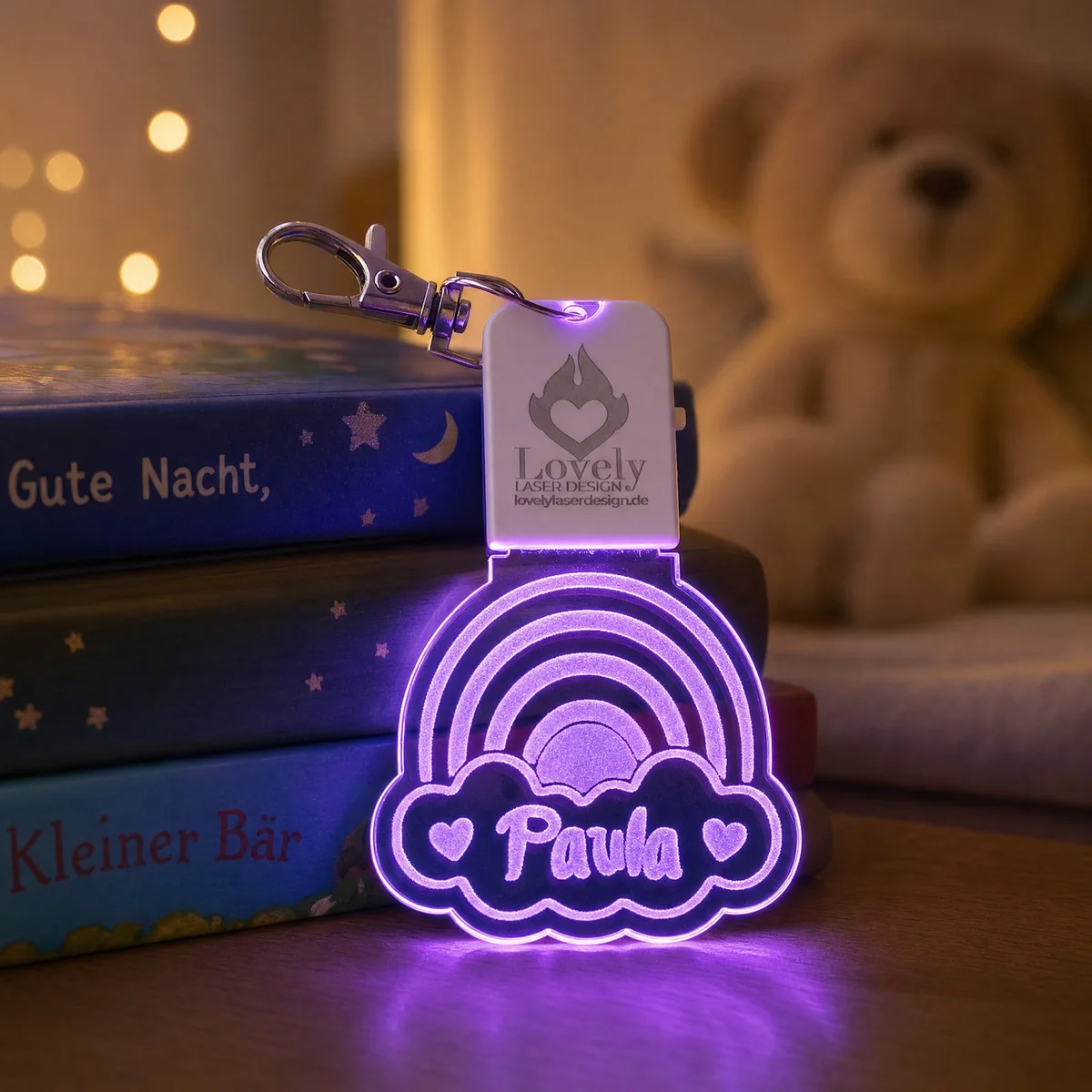 LED-Schlüsselanhänger Regenbogen aus graviertem Acrylglas mit Namen, leuchtend, mit weißem Leuchtmodul und Karabiner