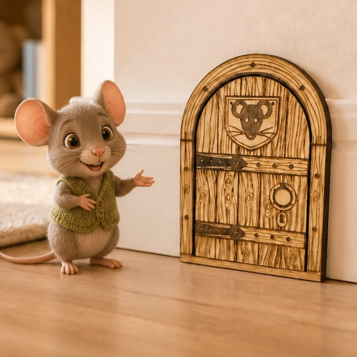 Rustikale Mäusetür aus Holz an der Sockelleiste, mit graviertem Maus-Wappen, Beschlägen und Türklopfer