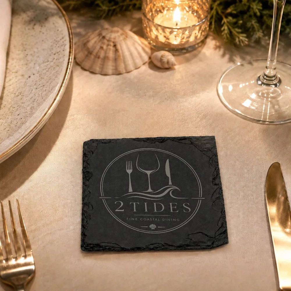 Schiefer Untersetzer mit lasergraviertem Firmenlogo auf einem Gastronomietisch neben einem Glas